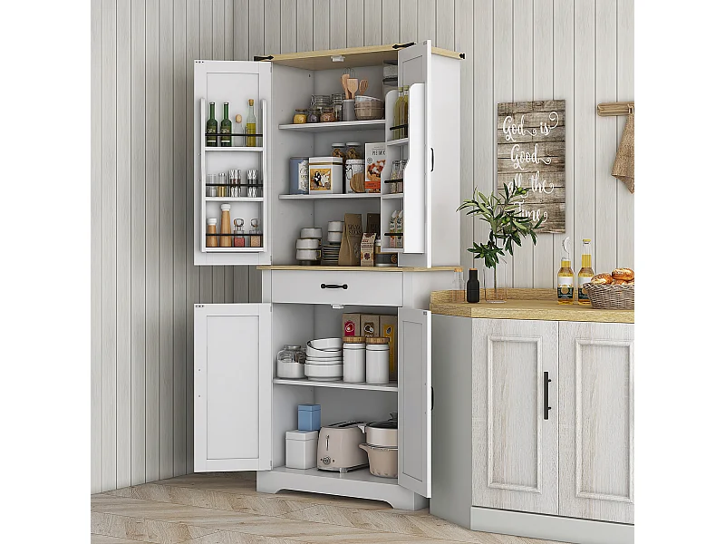Buffet haut 4 portes 3 étagères 6 étagères de porte tiroir - dim. 76L x 40l x 181H cm - blanc aspect bois