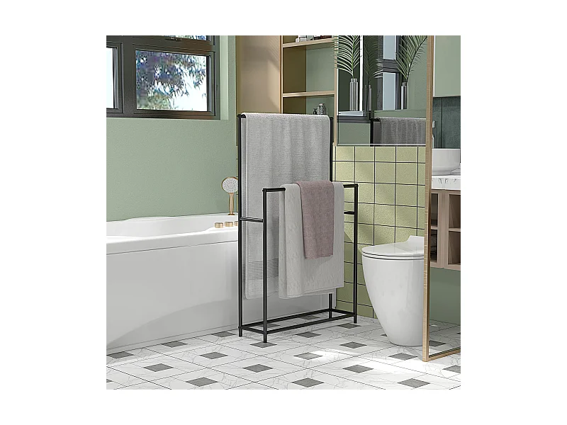 Porte-serviettes sur pied 2 niveaux dim. 66L x 20l x 110H cm métal noir