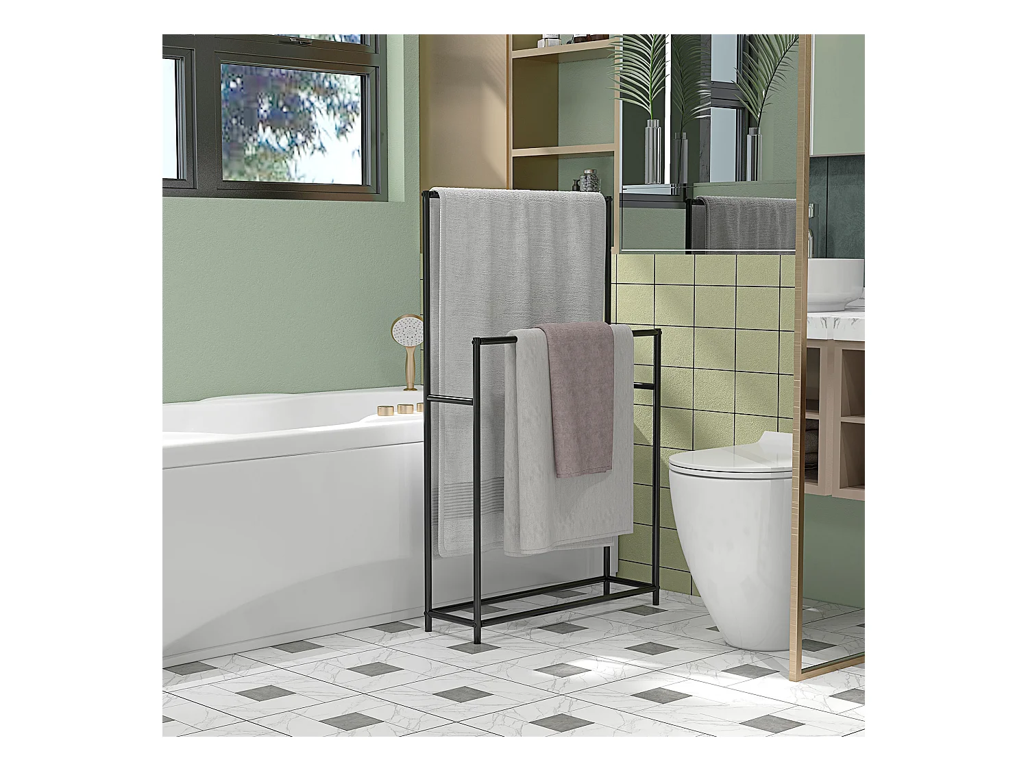 Porte-serviettes sur pied 2 niveaux dim. 66L x 20l x 110H cm métal noir
