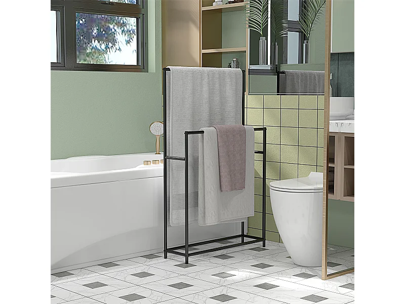 Porte-serviettes sur pied 2 niveaux dim. 66L x 20l x 110H cm métal noir