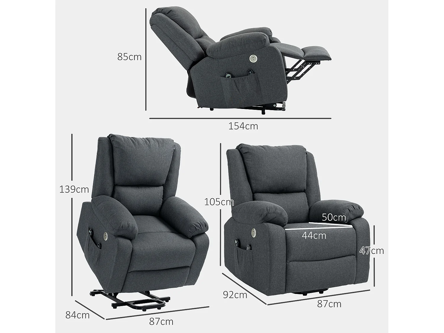 Fauteuil releveur relax massant électrique réglable - fonction chauffante, repose-pied, ports USB, télécommandes - tissu gris