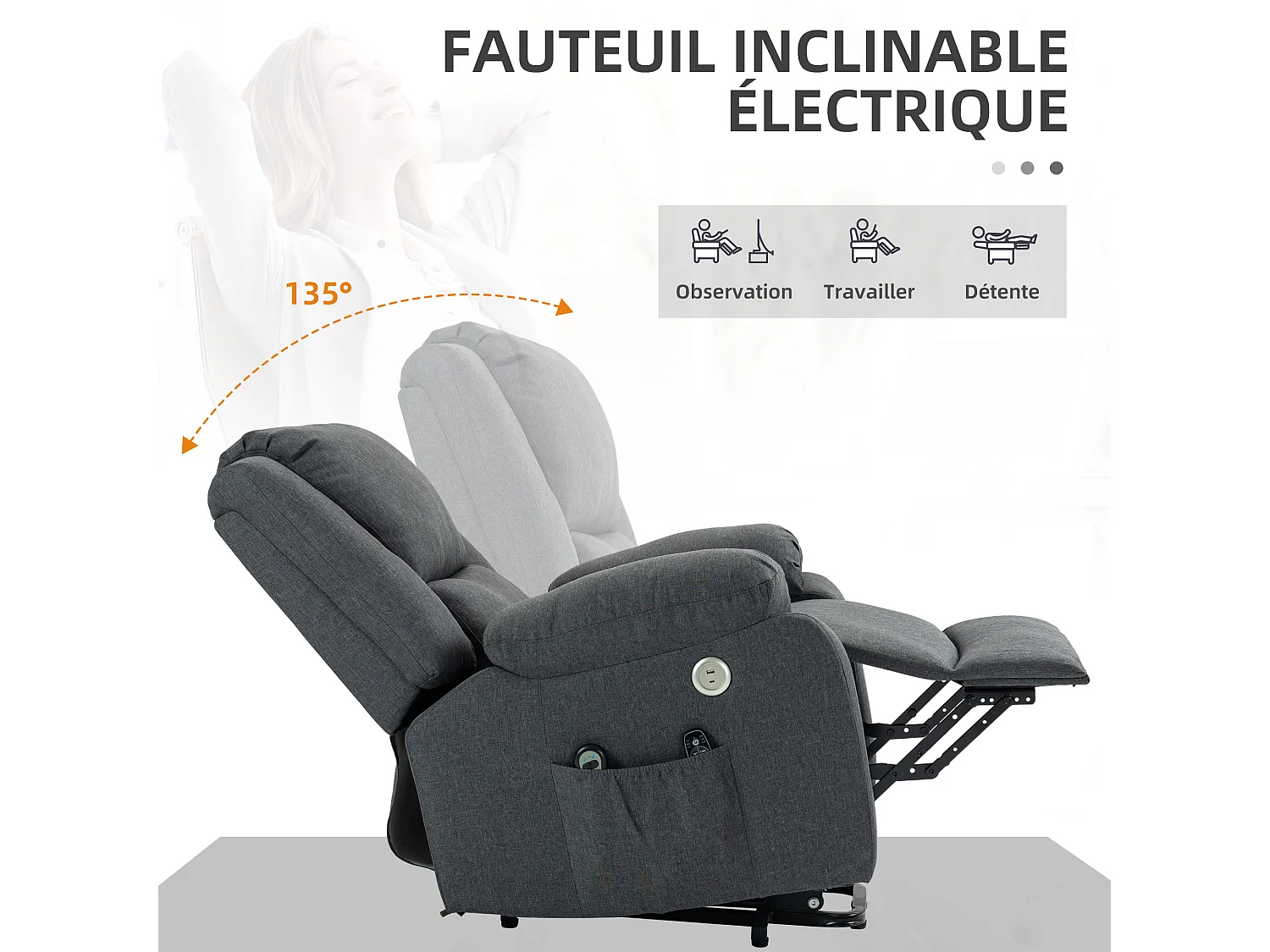 Fauteuil releveur relax massant électrique réglable - fonction chauffante, repose-pied, ports USB, télécommandes - tissu gris