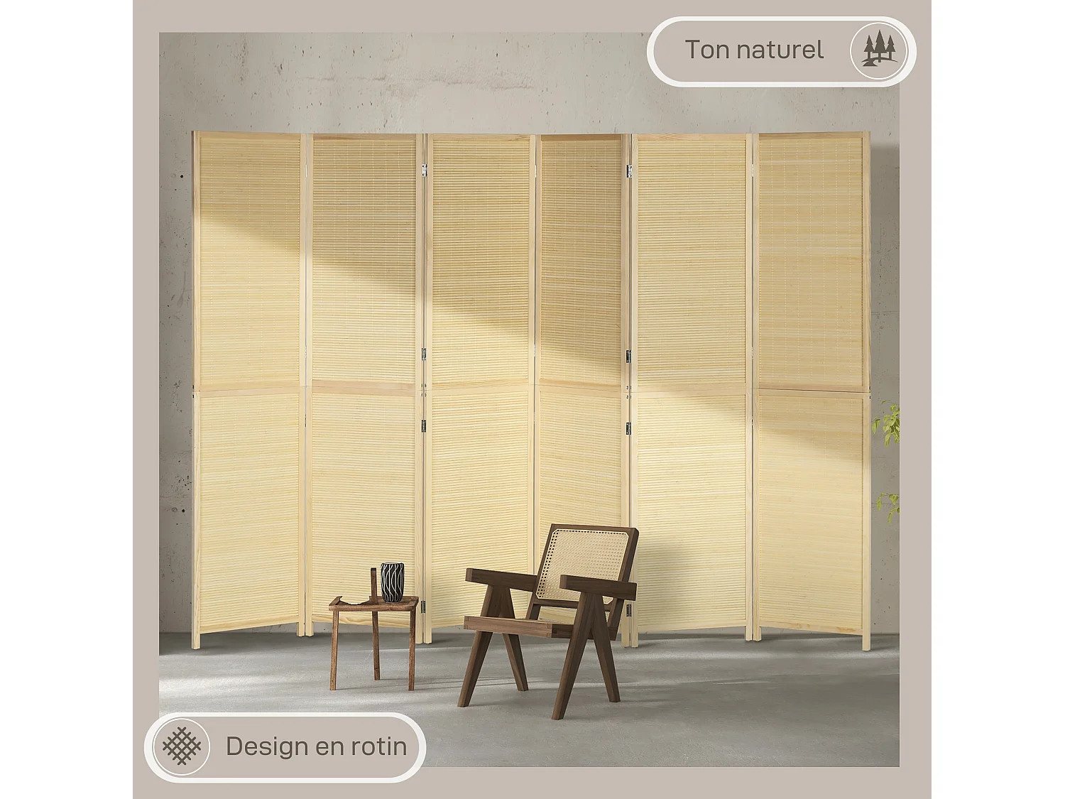 Paravent séparateur de pièce 6 panneaux pliables dim. 270L x 180H cm bois de bambou