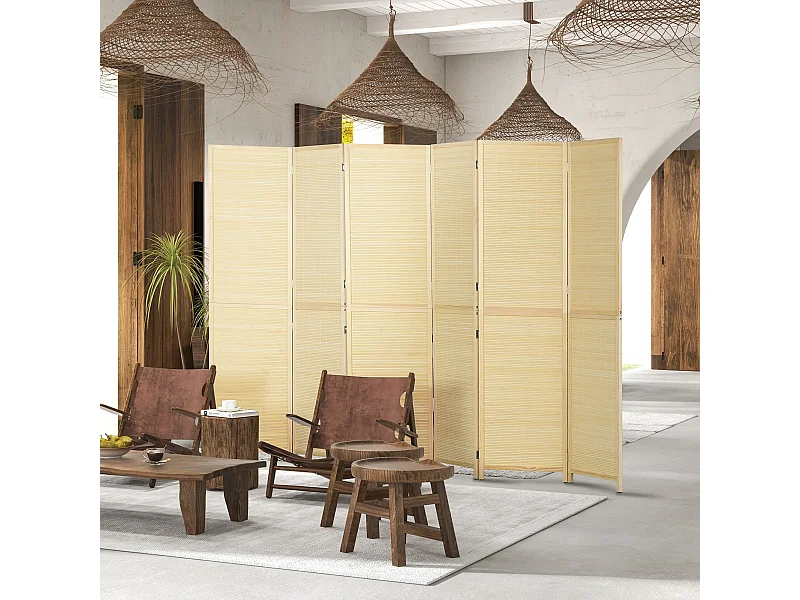 Paravent séparateur de pièce 6 panneaux pliables dim. 270L x 180H cm bois de bambou