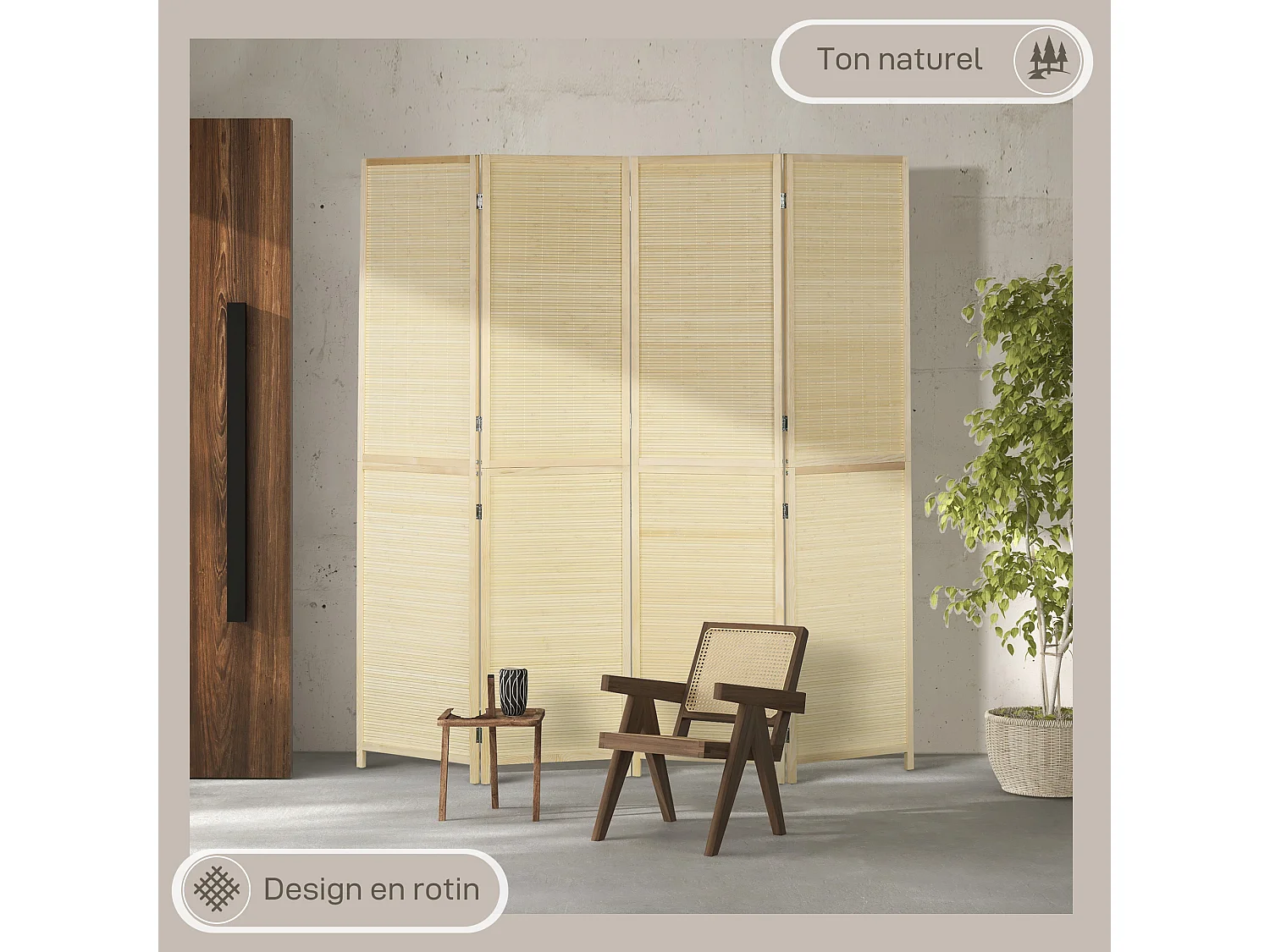 Paravent séparateur de pièce 4 panneaux pliables dim. 180L x 180H cm bois de bambou