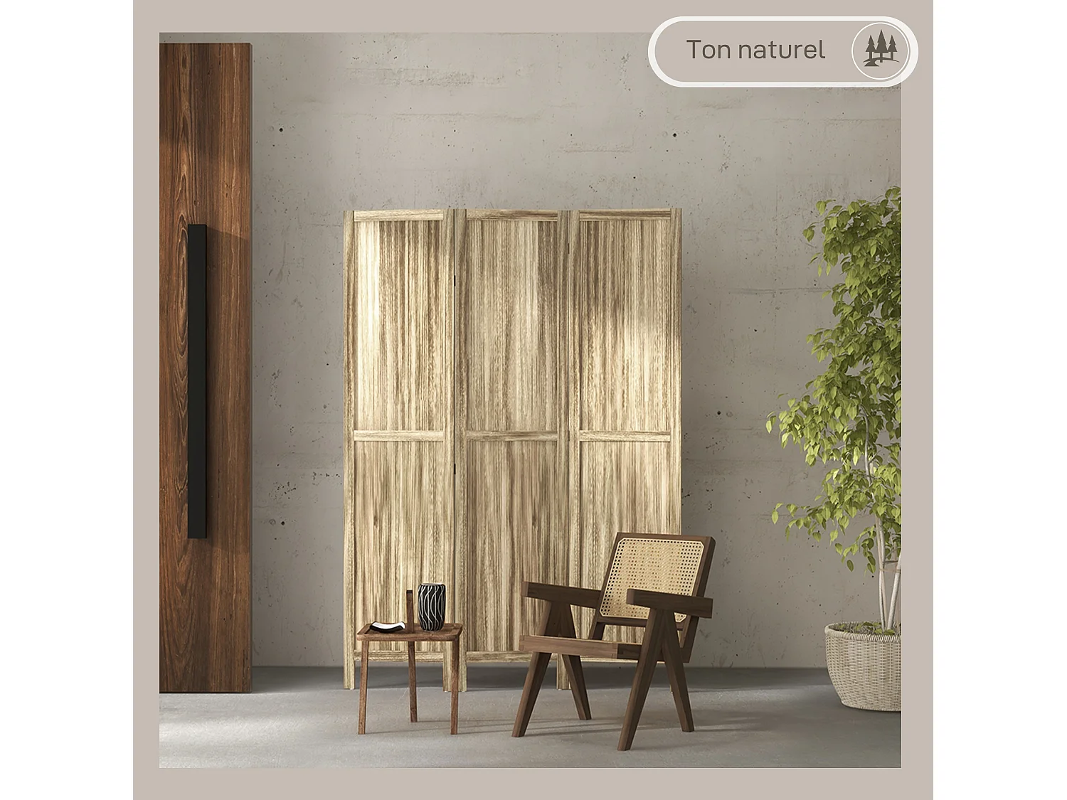 Paravent séparateur de pièce 3 panneaux pliables dim. 120L x 170H cm bois de pawlonia