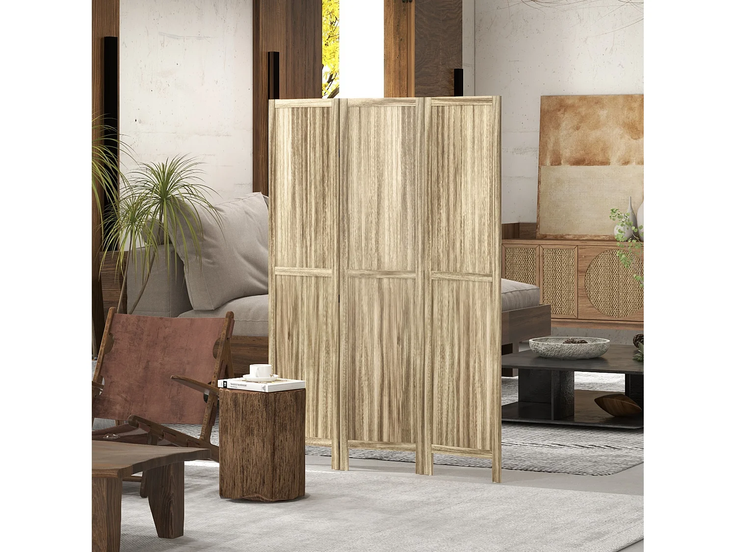 Paravent séparateur de pièce 3 panneaux pliables dim. 120L x 170H cm bois de pawlonia