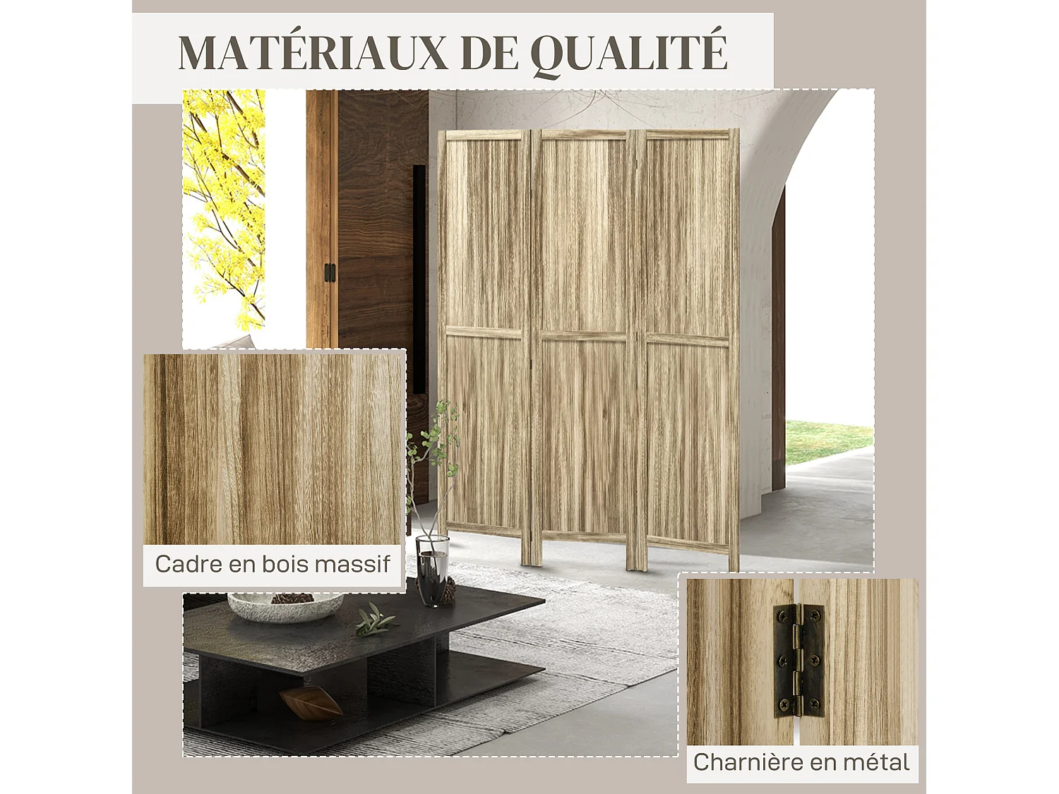 Paravent séparateur de pièce 3 panneaux pliables dim. 120L x 170H cm bois de pawlonia