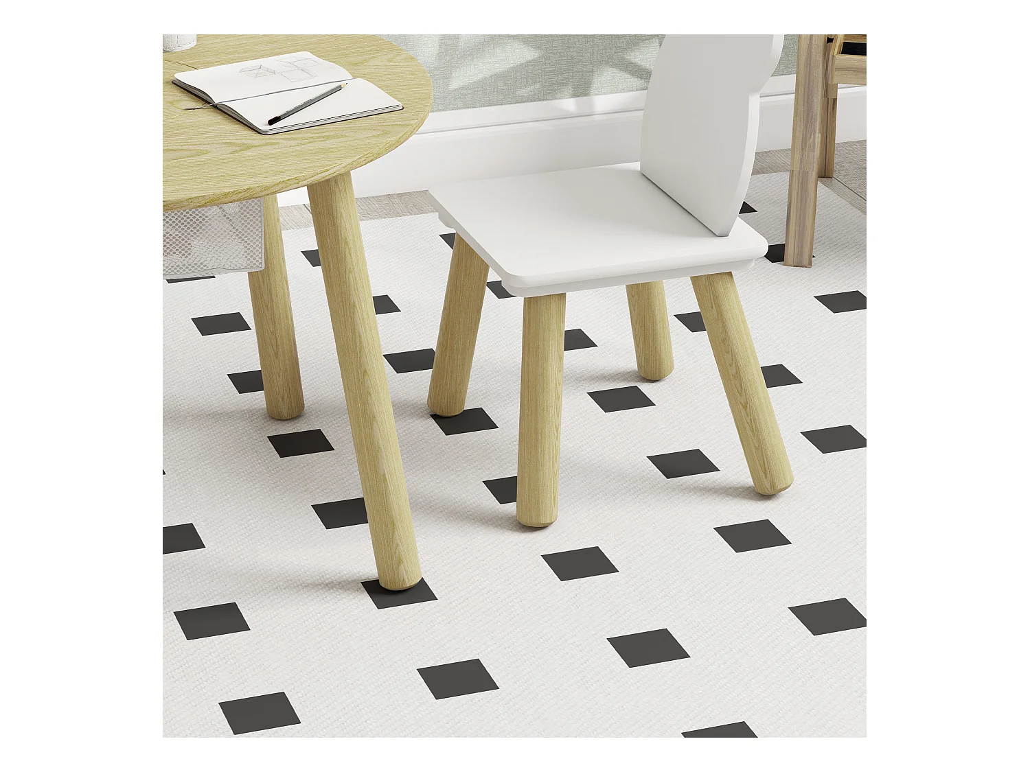 Ensemble table chaises enfant design ourson scandinave - rangement table intégré - aspect bois blanc