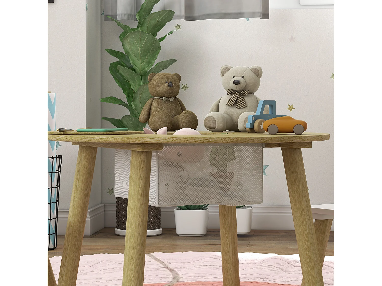 Ensemble table chaises enfant design ourson scandinave - rangement table intégré - aspect bois blanc