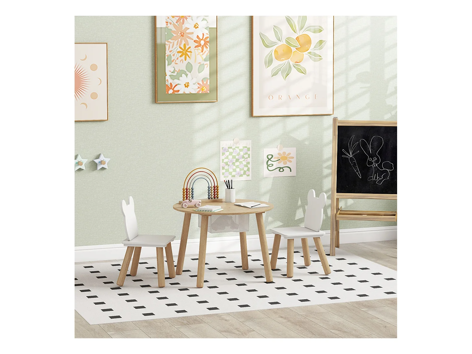 Ensemble table chaises enfant design ourson scandinave - rangement table intégré - aspect bois blanc