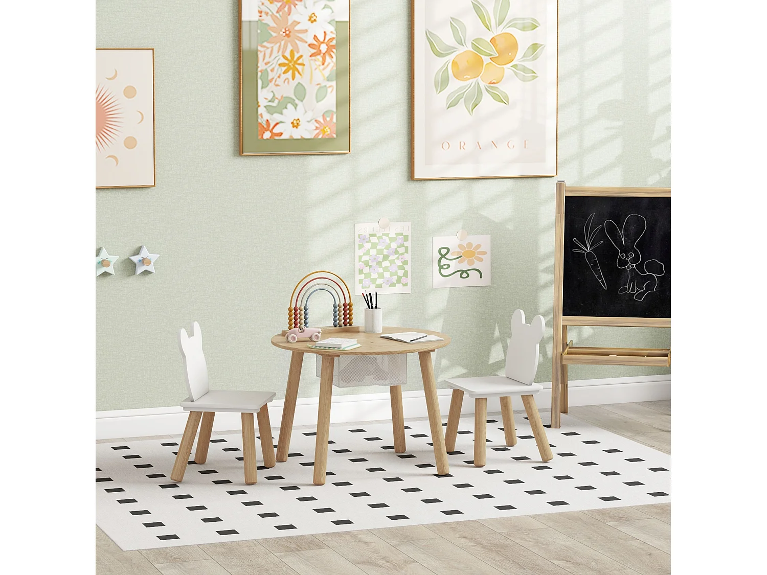 Ensemble table chaises enfant design ourson scandinave - rangement table intégré - aspect bois blanc