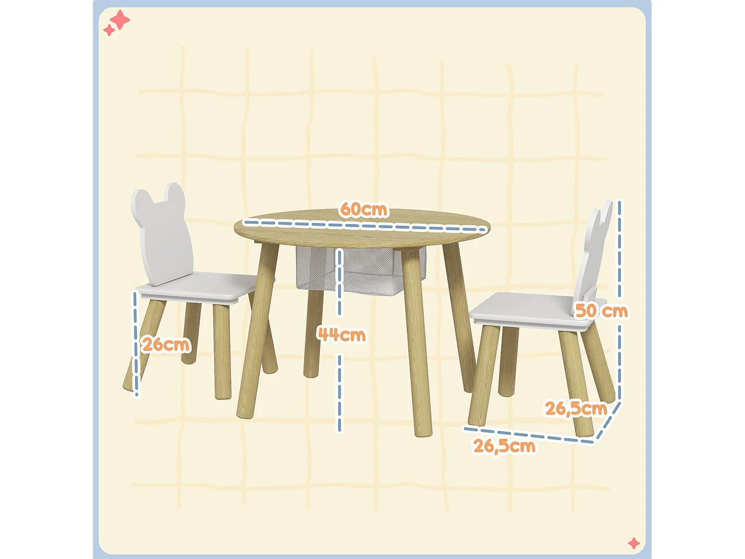 Ensemble table chaises enfant design ourson scandinave - rangement table intégré - aspect bois blanc