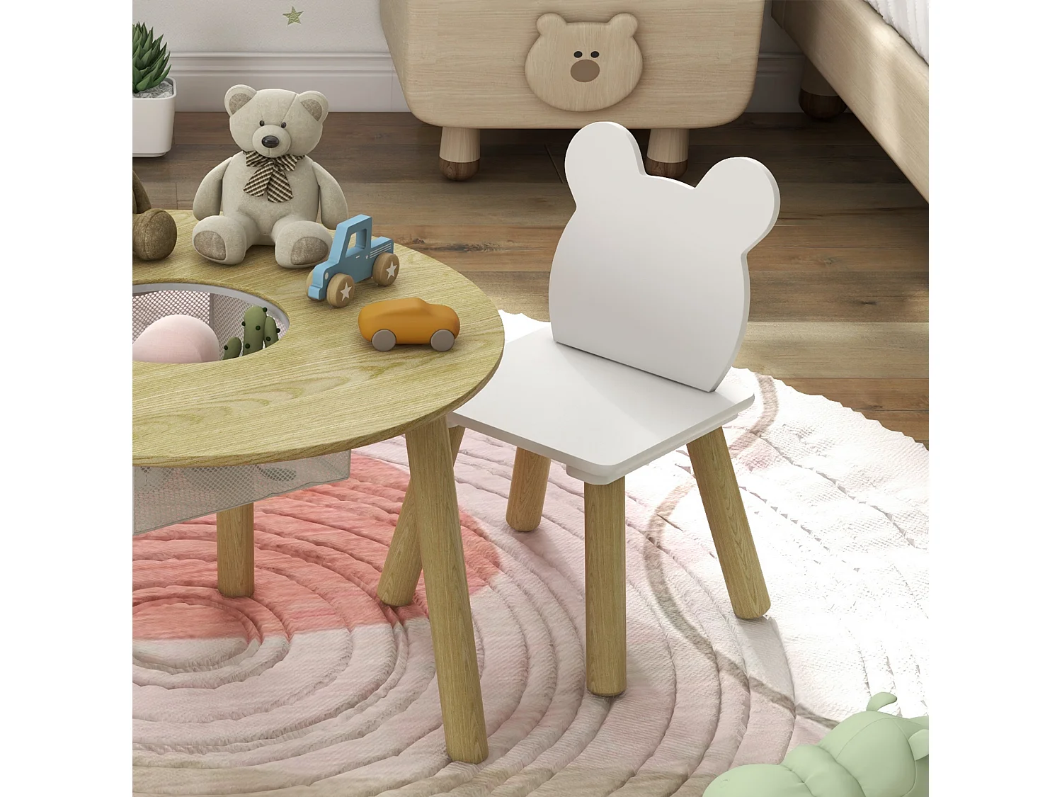 Ensemble table chaises enfant design ourson scandinave - rangement table intégré - aspect bois blanc