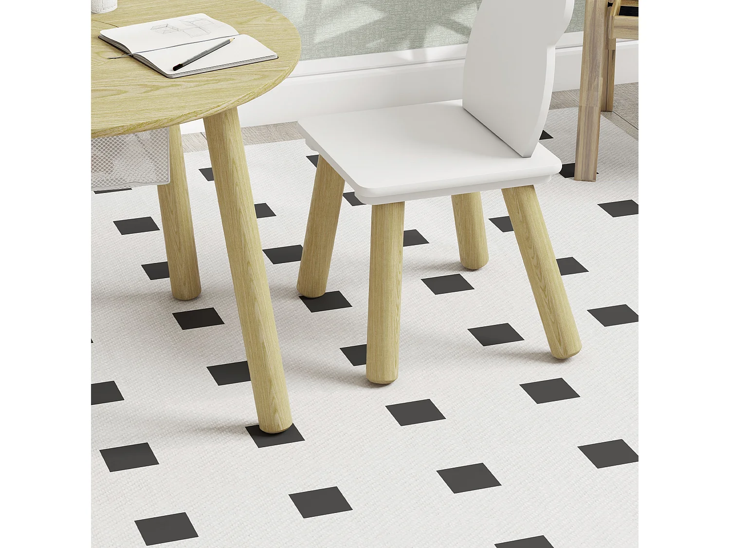 Ensemble table chaises enfant design ourson scandinave - rangement table intégré - aspect bois blanc