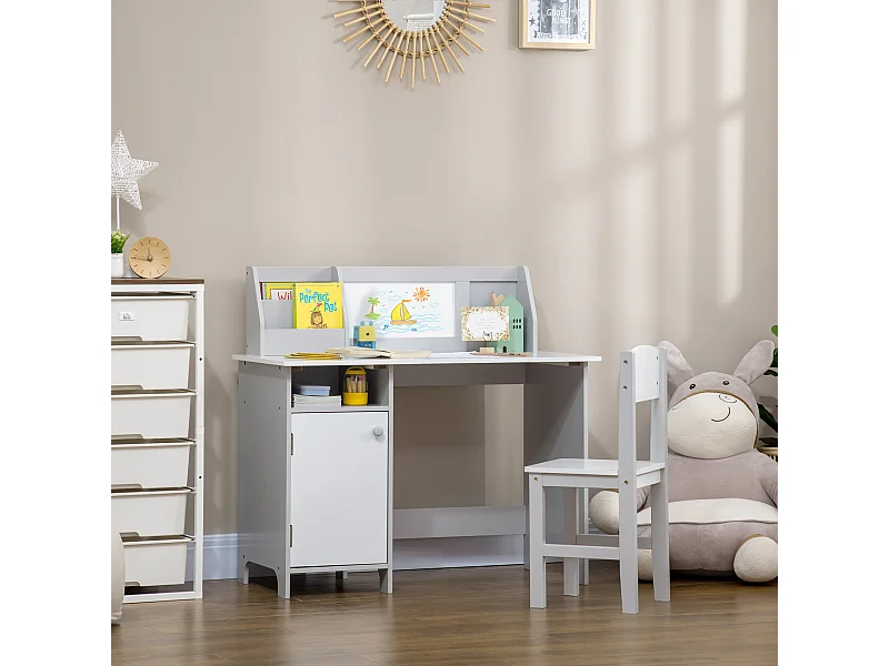 Ensemble table et chaise pour enfant gris avec tableau blanc - bureau pour enfant +5 ans - 90L x 45l x 85H cm