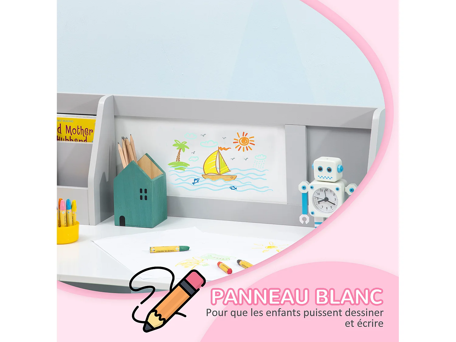 Ensemble table et chaise pour enfant gris avec tableau blanc - bureau pour enfant +5 ans - 90L x 45l x 85H cm