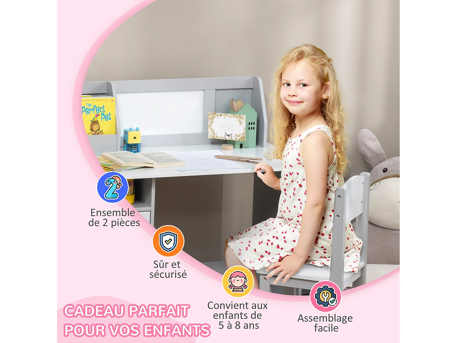 Ensemble table et chaise pour enfant gris avec tableau blanc - bureau pour enfant +5 ans - 90L x 45l x 85H cm