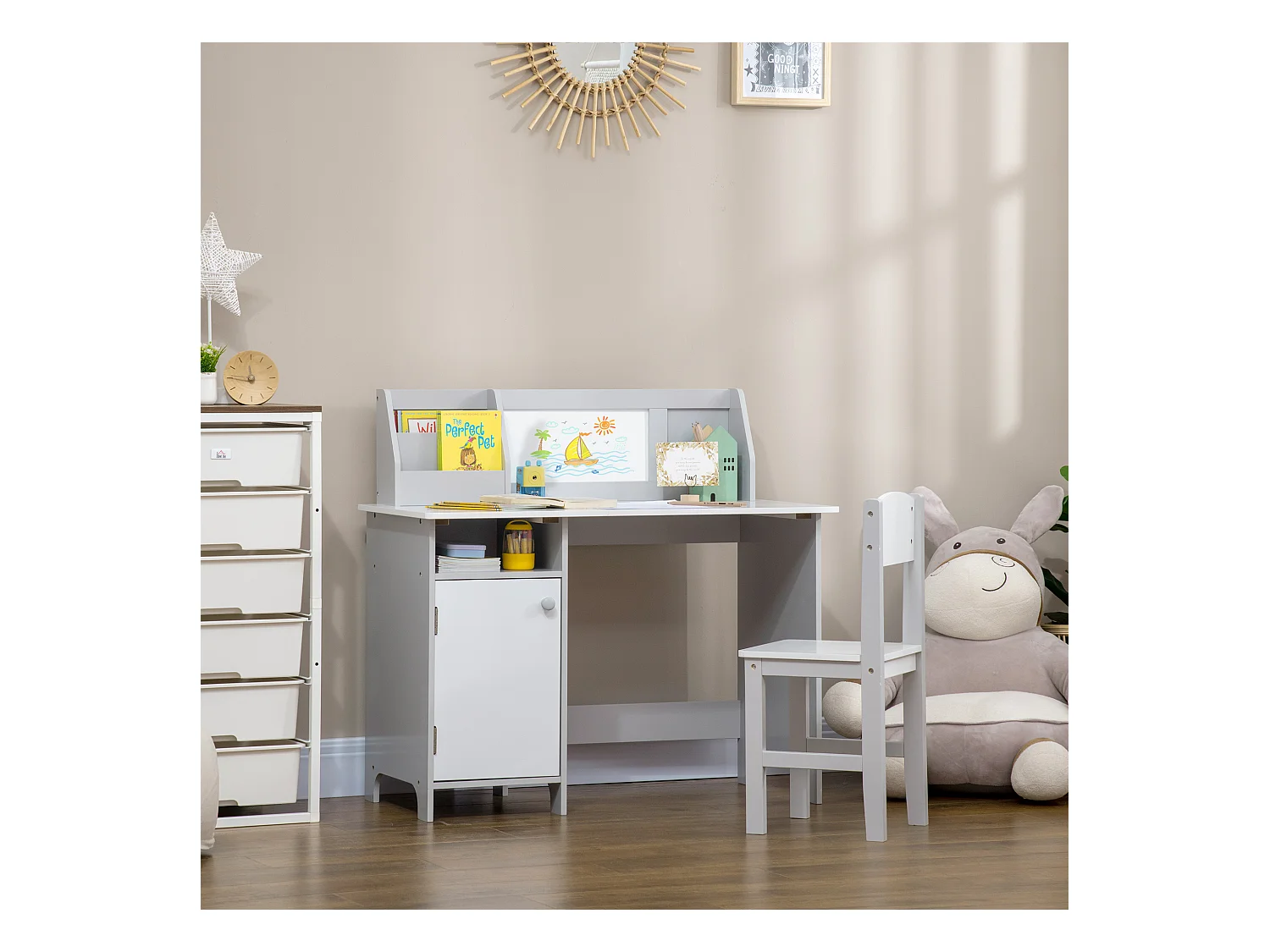Ensemble table et chaise pour enfant gris avec tableau blanc - bureau pour enfant +5 ans - 90L x 45l x 85H cm