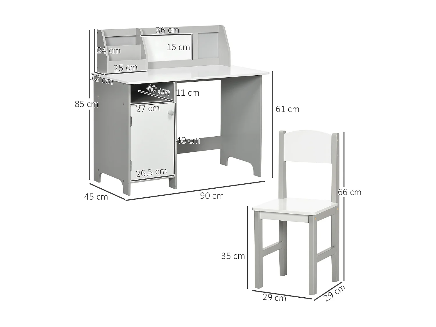 Ensemble table et chaise pour enfant gris avec tableau blanc - bureau pour enfant +5 ans - 90L x 45l x 85H cm