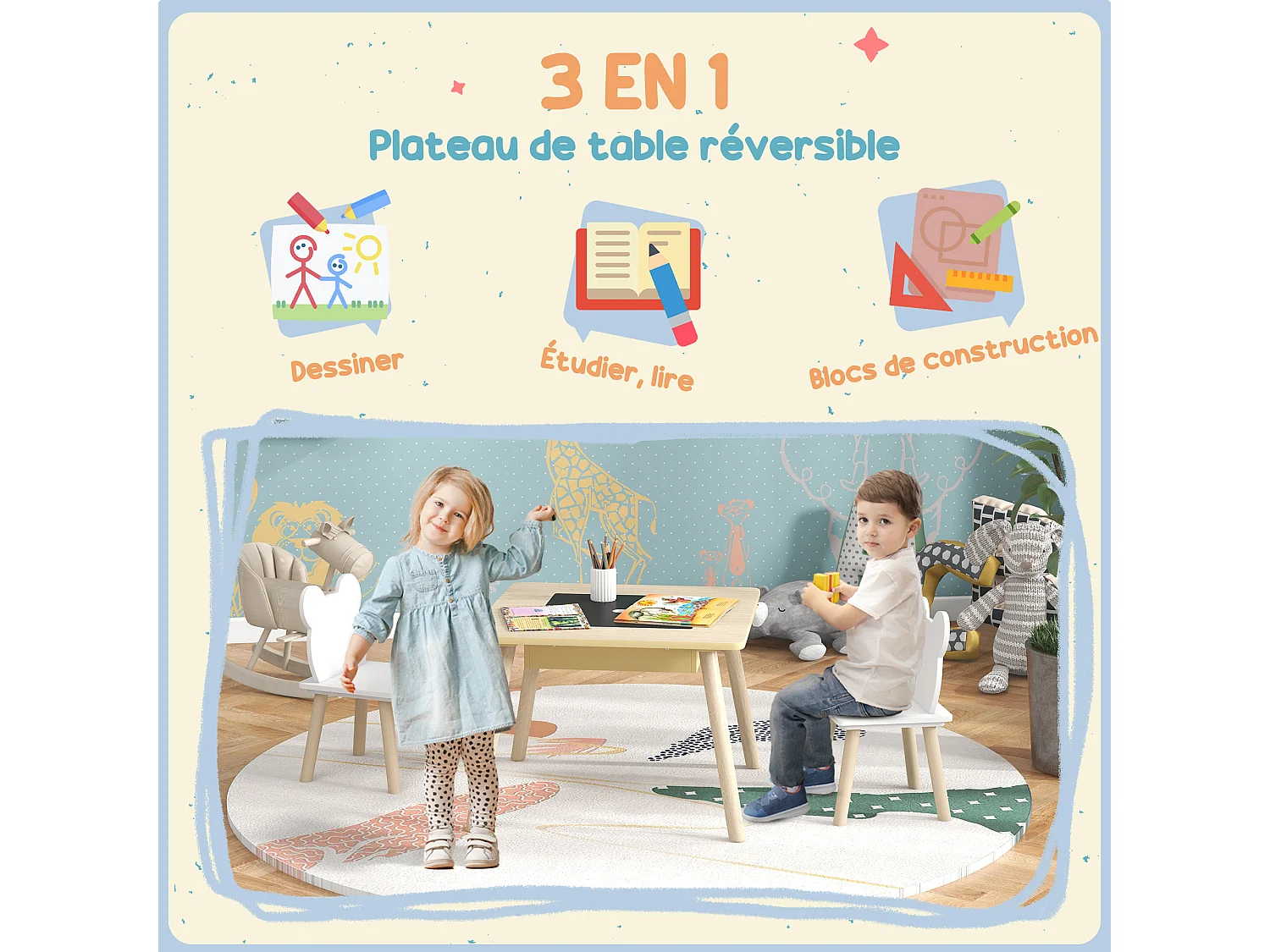 Ensemble table chaises enfant design ourson scandinave - rangement table inclus - aspect bois blanc