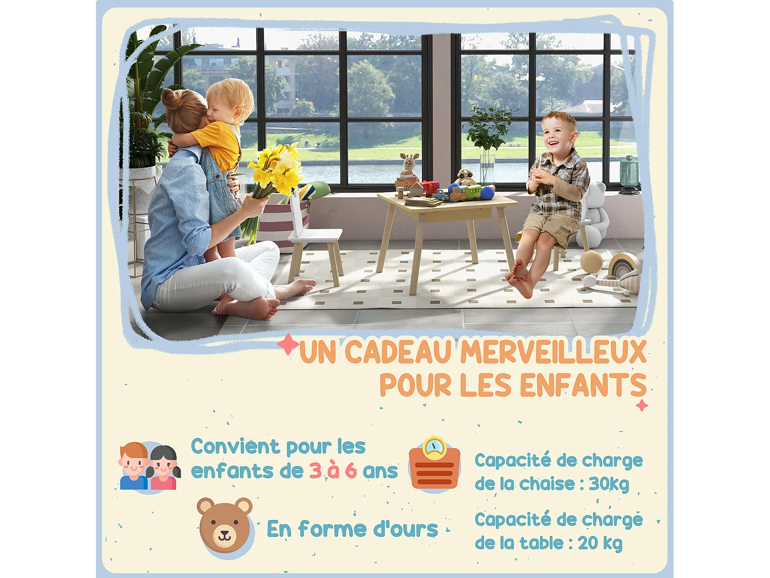 Ensemble table chaises enfant design ourson scandinave - rangement table inclus - aspect bois blanc