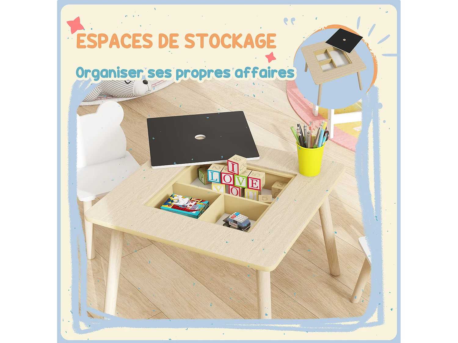 Ensemble table chaises enfant design ourson scandinave - rangement table inclus - aspect bois blanc