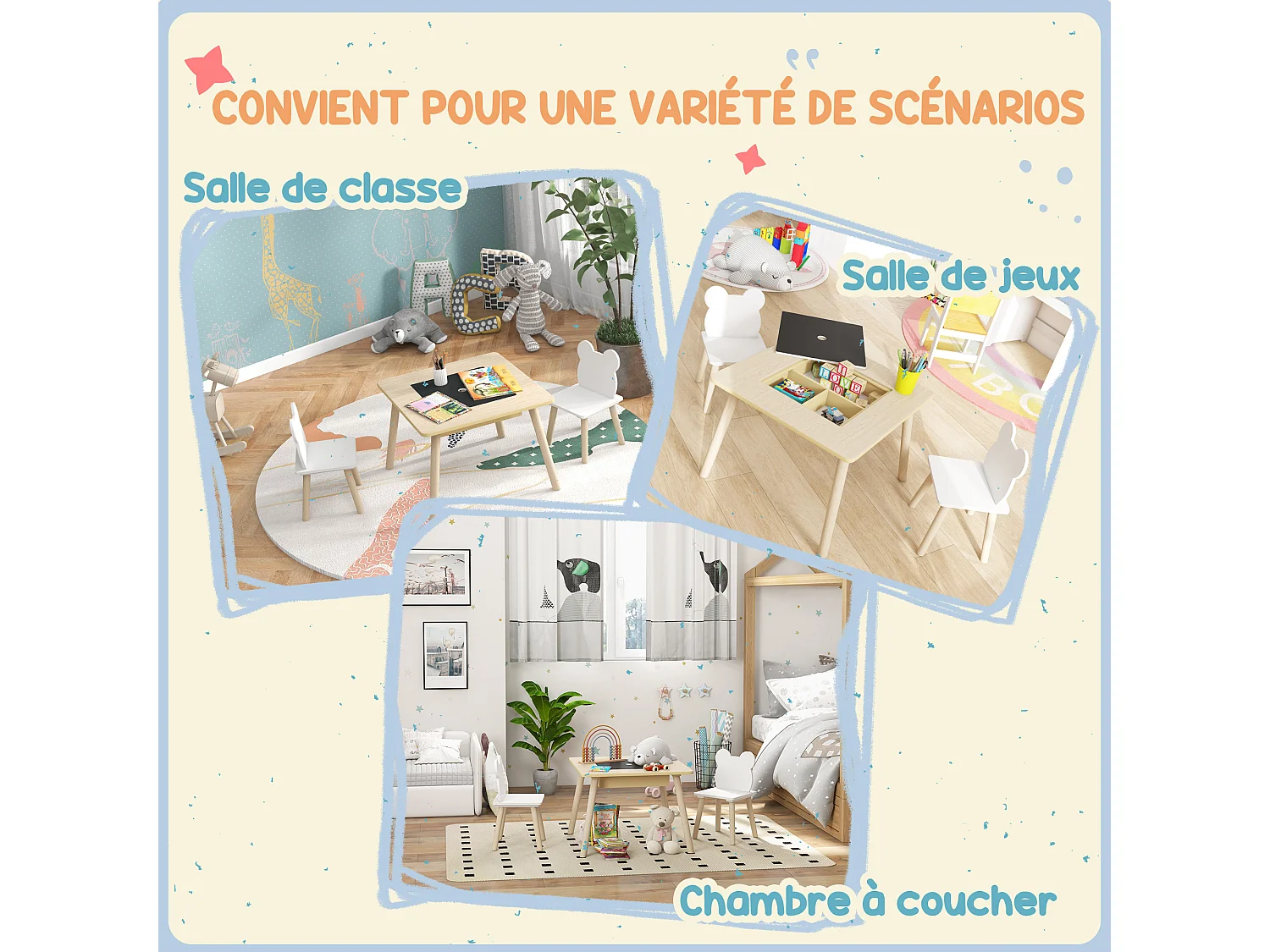 Ensemble table chaises enfant design ourson scandinave - rangement table inclus - aspect bois blanc