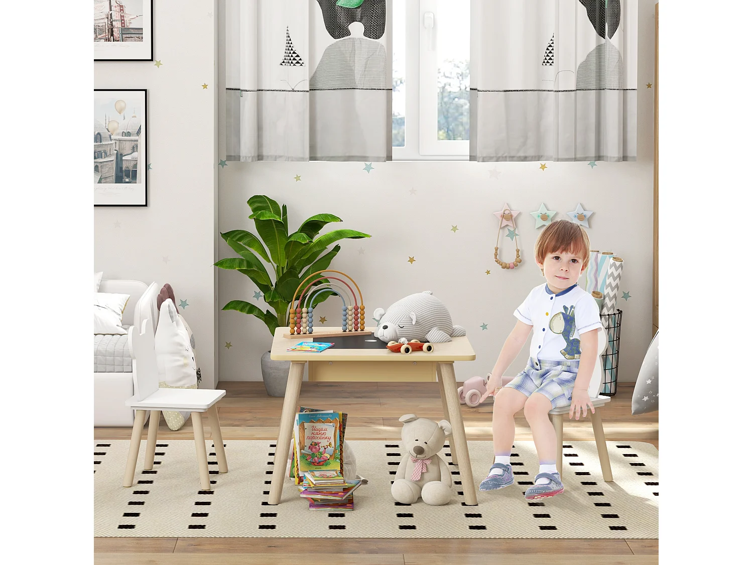 Ensemble table chaises enfant design ourson scandinave - rangement table inclus - aspect bois blanc