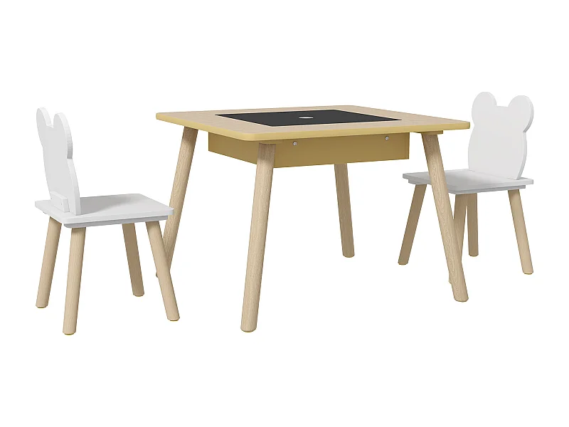Ensemble table chaises enfant design ourson scandinave - rangement table inclus - aspect bois blanc