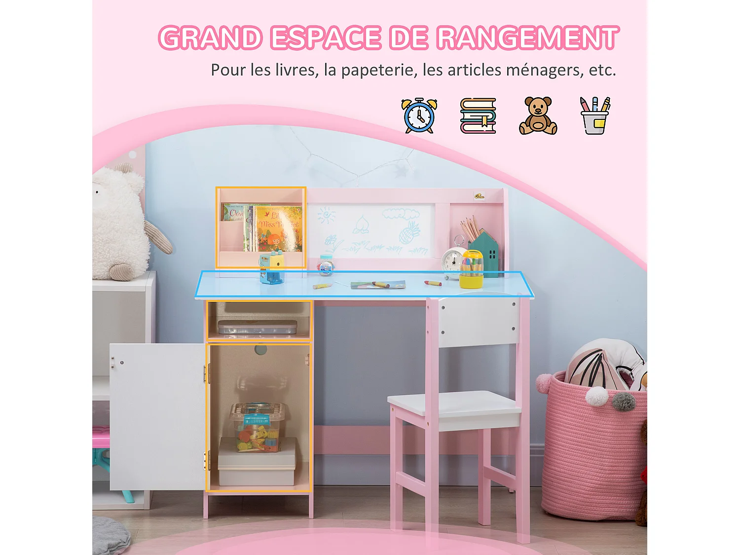 Ensemble table et chaise pour enfant rose avec tableau blanc - bureau pour enfant +5 ans - 90L x 45l x 85H cm