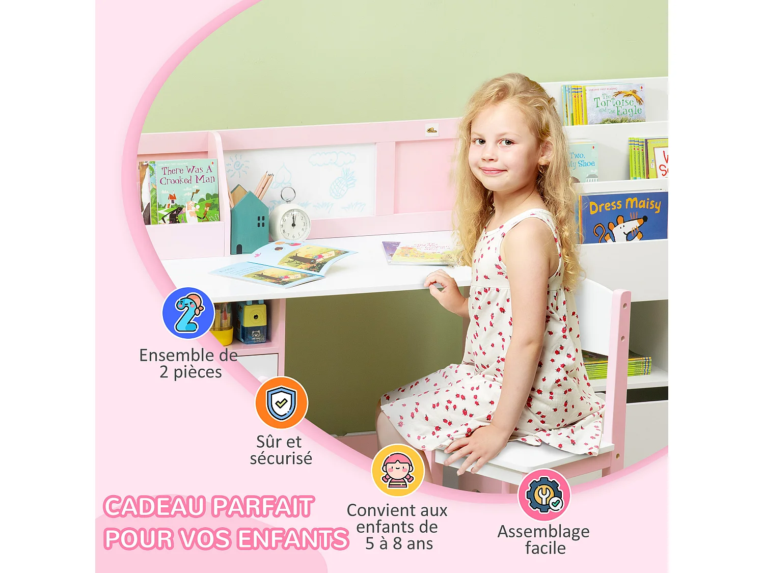 Ensemble table et chaise pour enfant rose avec tableau blanc - bureau pour enfant +5 ans - 90L x 45l x 85H cm