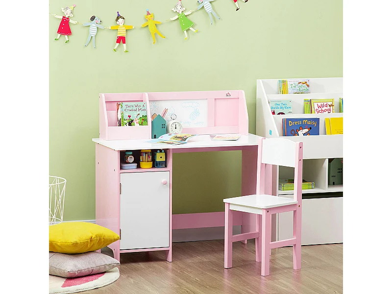 Ensemble table et chaise pour enfant rose avec tableau blanc - bureau pour enfant +5 ans - 90L x 45l x 85H cm
