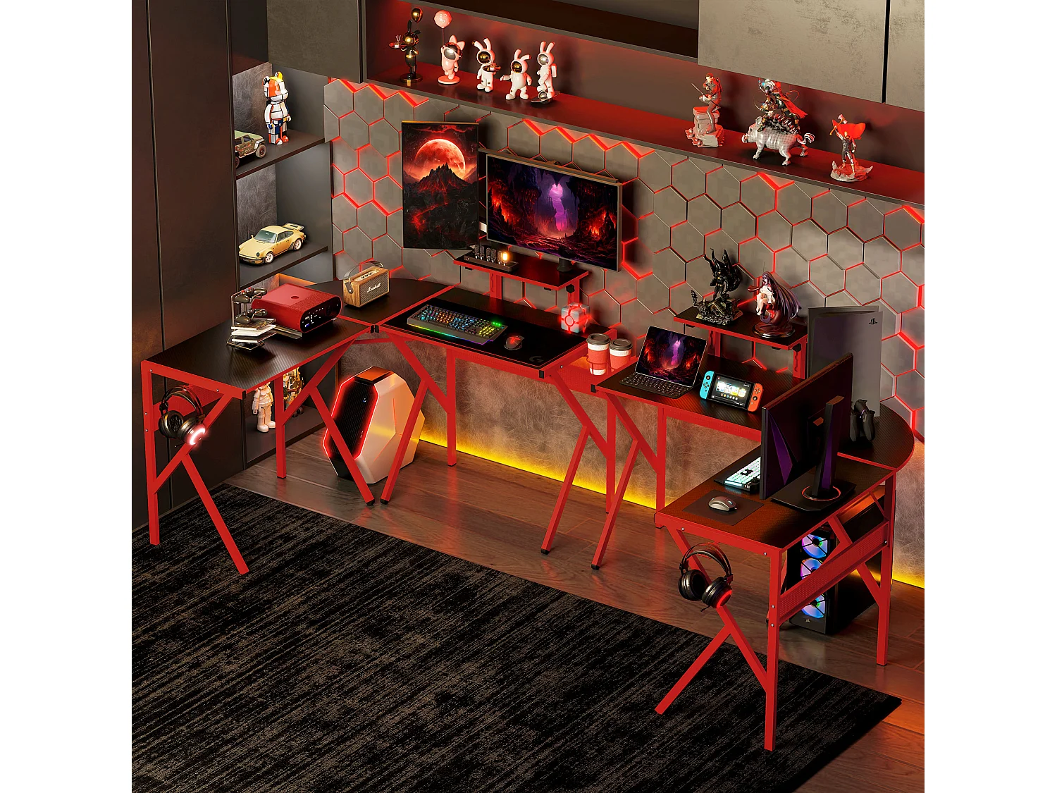 Bureau gaming d'angle bureau gamer bureau informatique bracket casque porte-gobelet étagère écran réglable métal panneaux texture carbone noir rouge