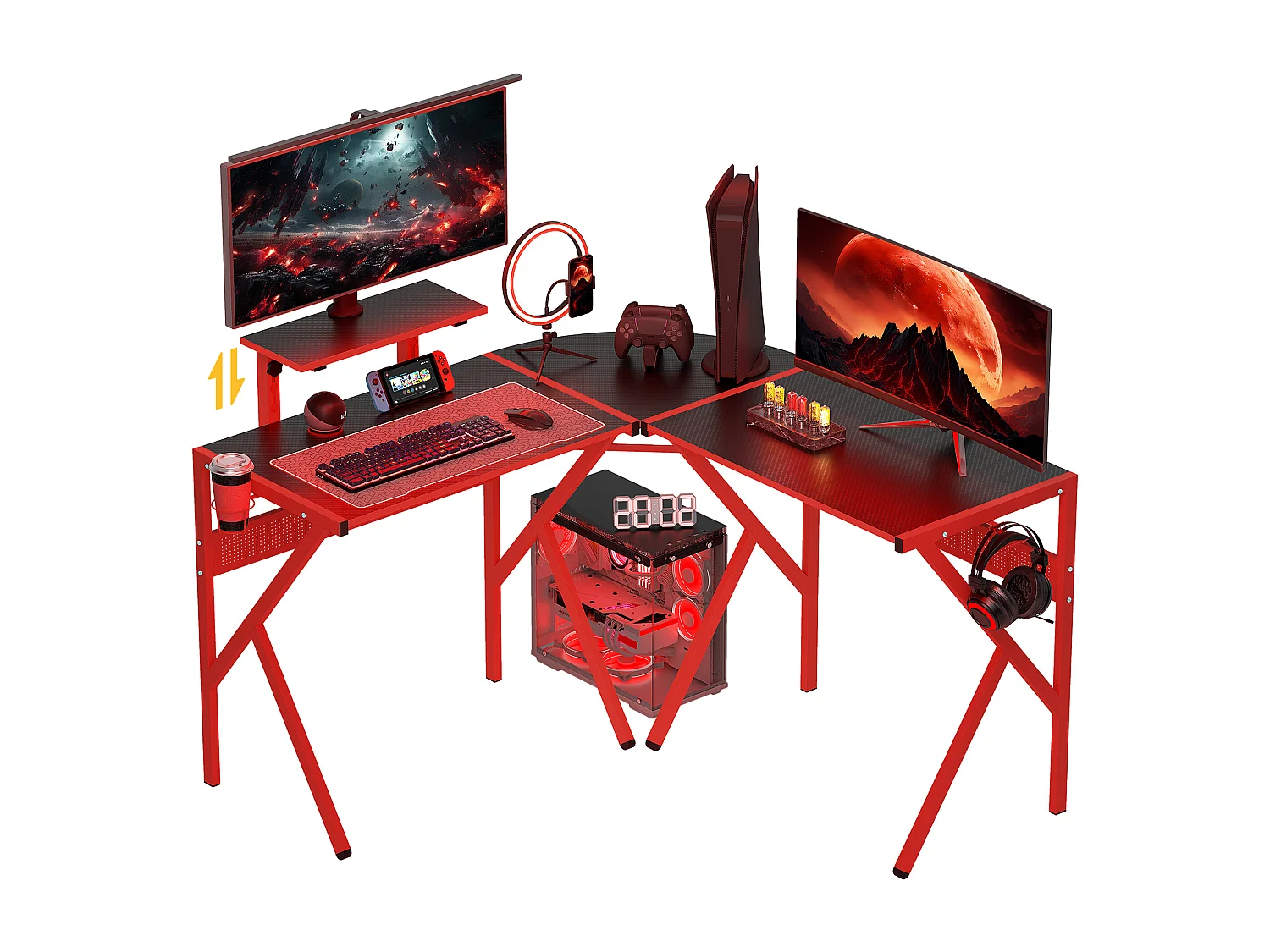 Bureau gaming d'angle bureau gamer bureau informatique bracket casque porte-gobelet étagère écran réglable métal panneaux texture carbone noir rouge