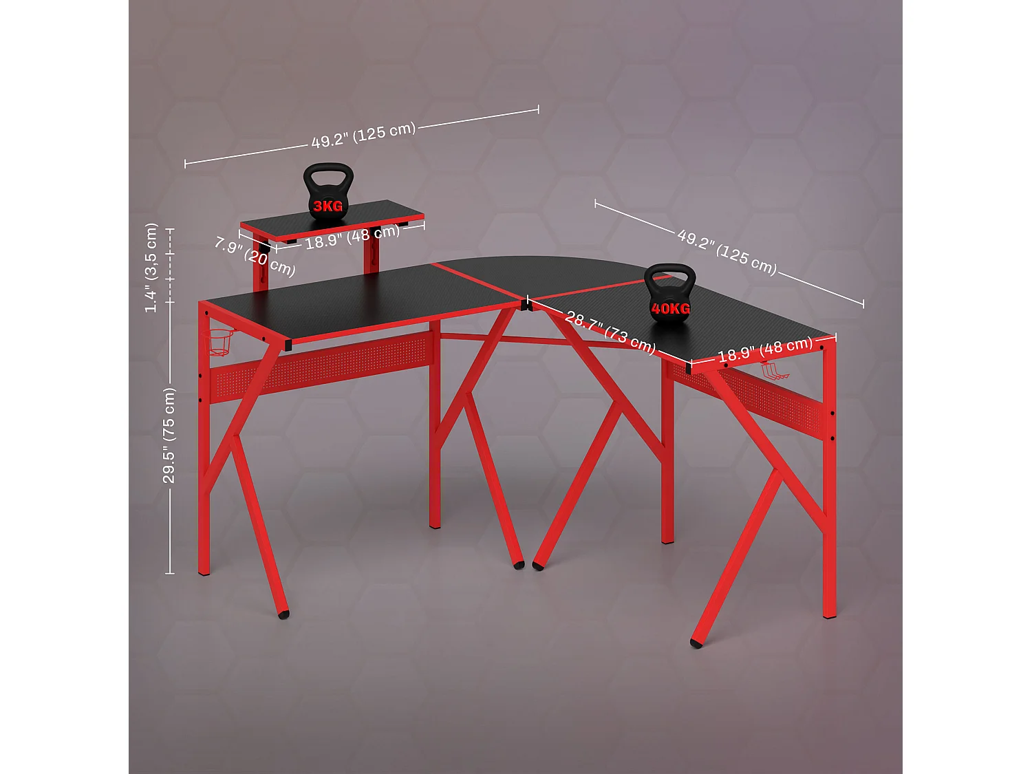 Bureau gaming d'angle bureau gamer bureau informatique bracket casque porte-gobelet étagère écran réglable métal panneaux texture carbone noir rouge