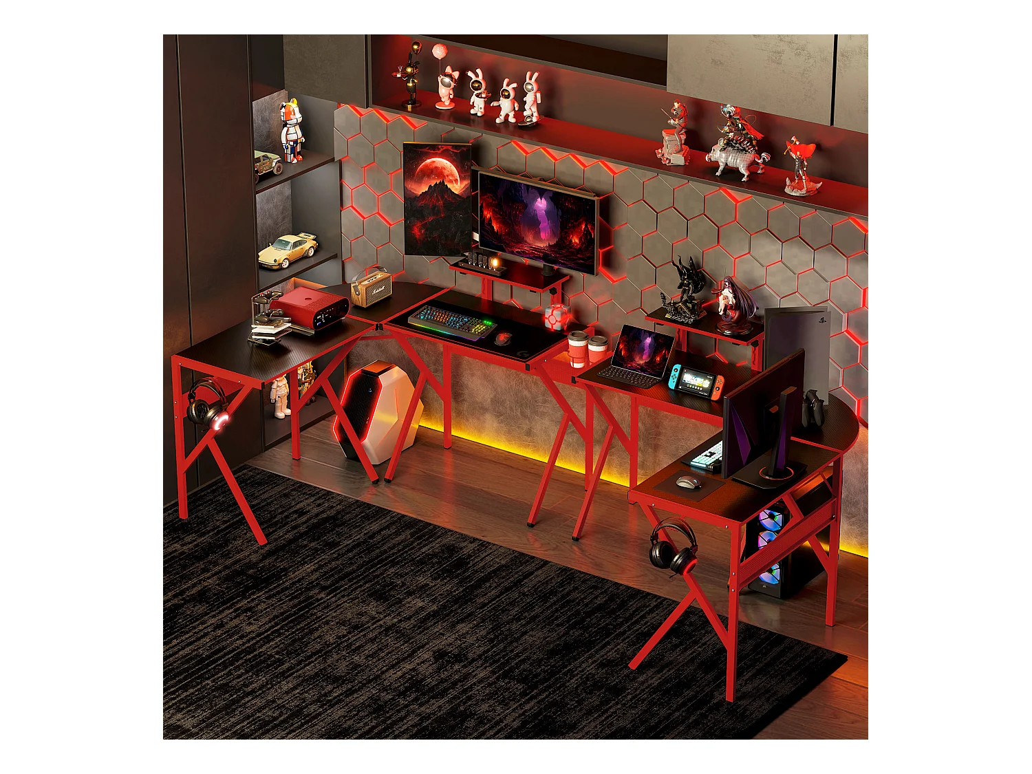 Bureau gaming d'angle bureau gamer bureau informatique bracket casque porte-gobelet étagère écran réglable métal panneaux texture carbone noir rouge