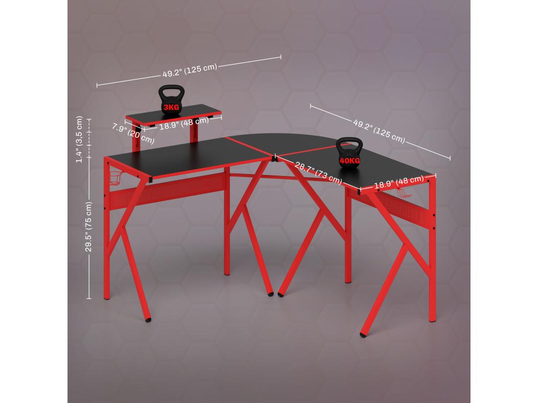 vente unique Bureau gaming d'angle bureau gamer bureau informatique bracket casque porte-gobelet étagère écran réglable métal panneaux texture carbone noir rouge