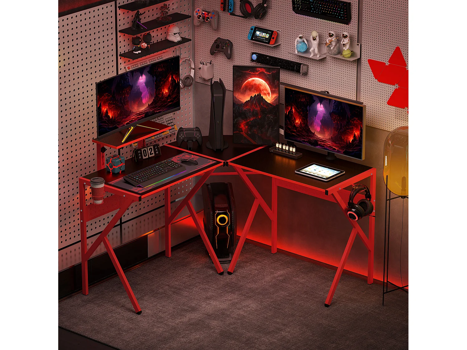 Bureau gaming d'angle bureau gamer bureau informatique bracket casque porte-gobelet étagère écran réglable métal panneaux texture carbone noir rouge