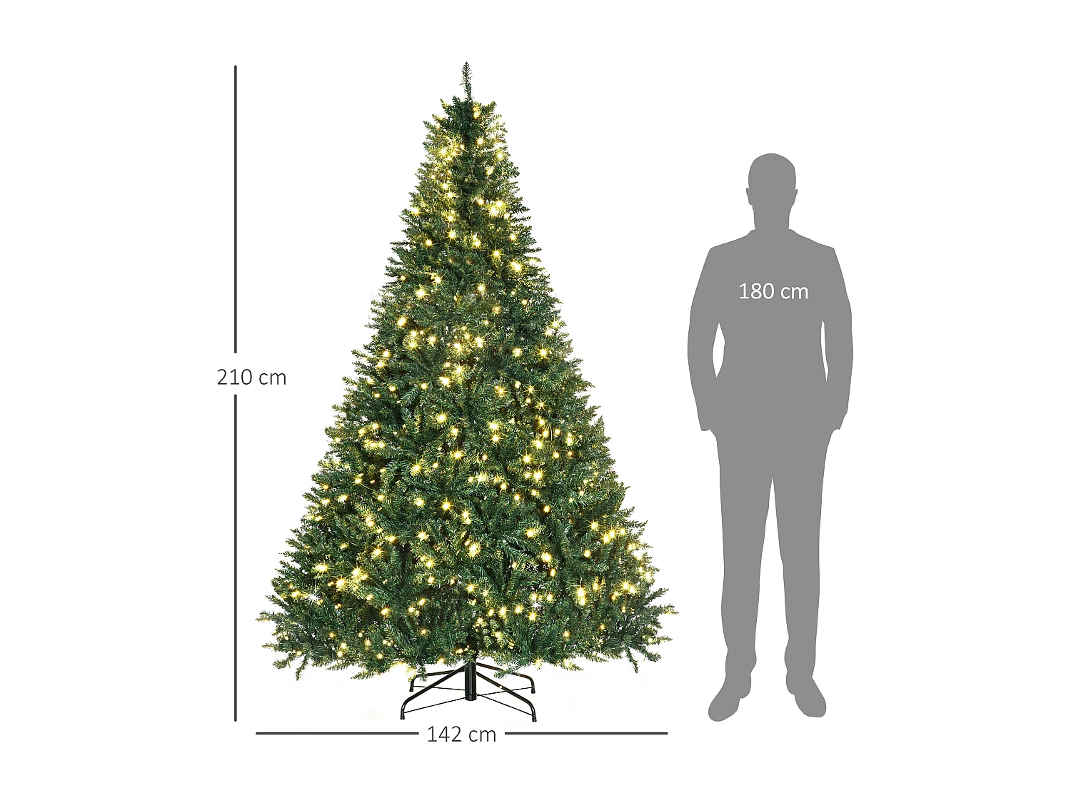 Sapin de Noël artificiel lumineux LED x 700 blanc chaud + support pied Ø 132 x 210H cm 2154 branches vert