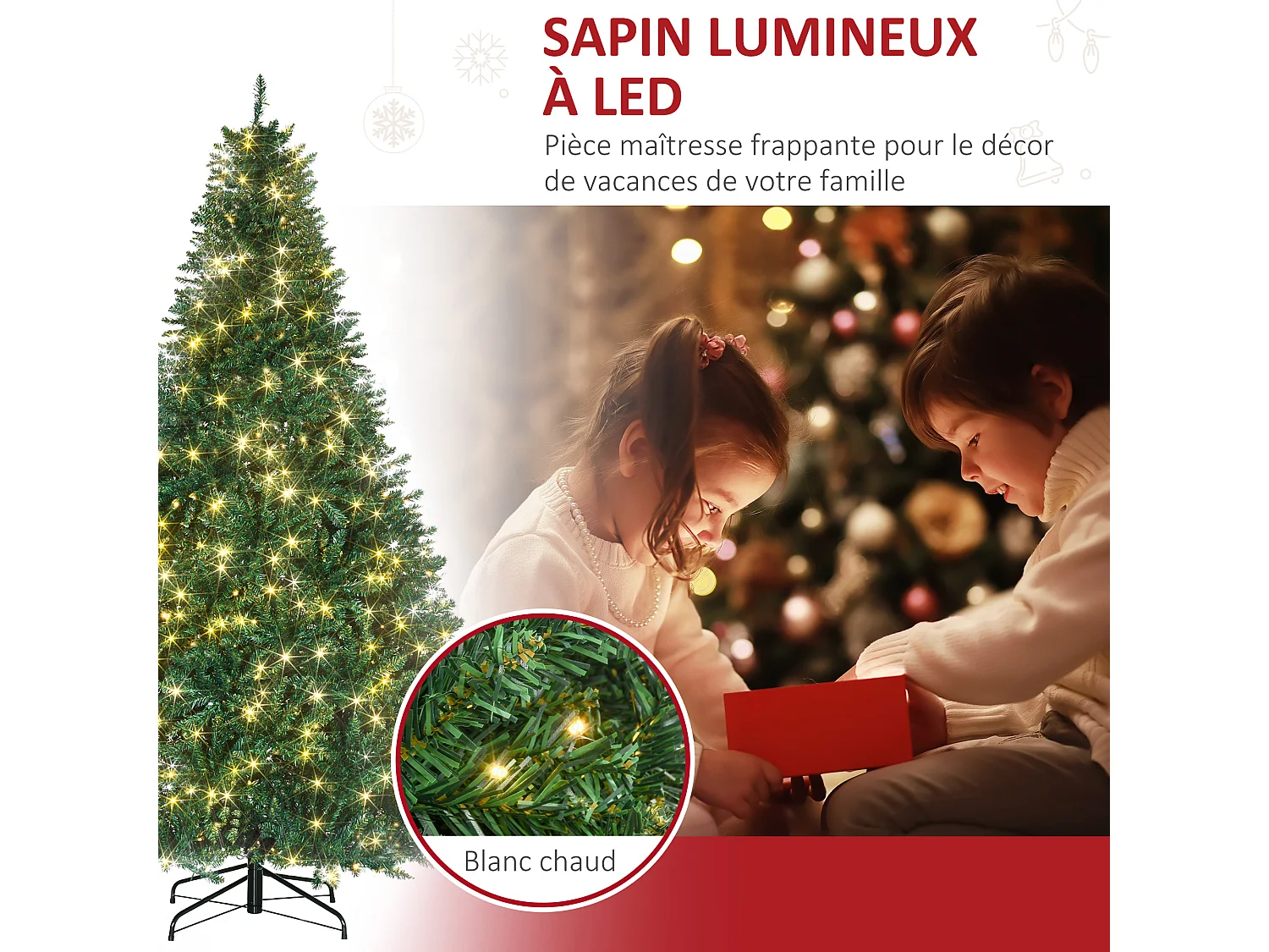Sapin de Noël artificiel lumineux LED x 700 blanc chaud + support pied Ø 132 x 210H cm 2154 branches vert