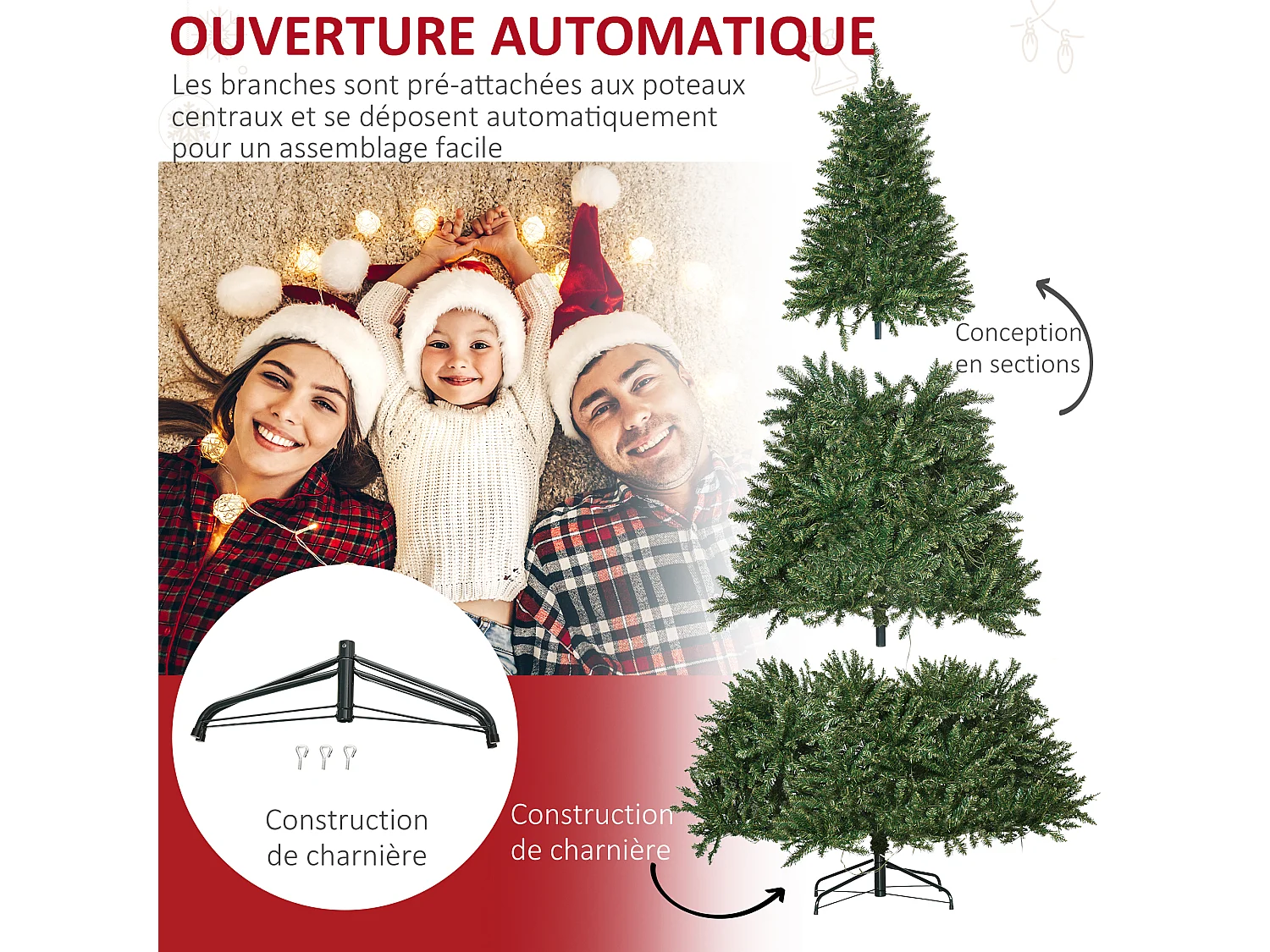 Sapin de Noël artificiel lumineux LED x 700 blanc chaud + support pied Ø 132 x 210H cm 2154 branches vert