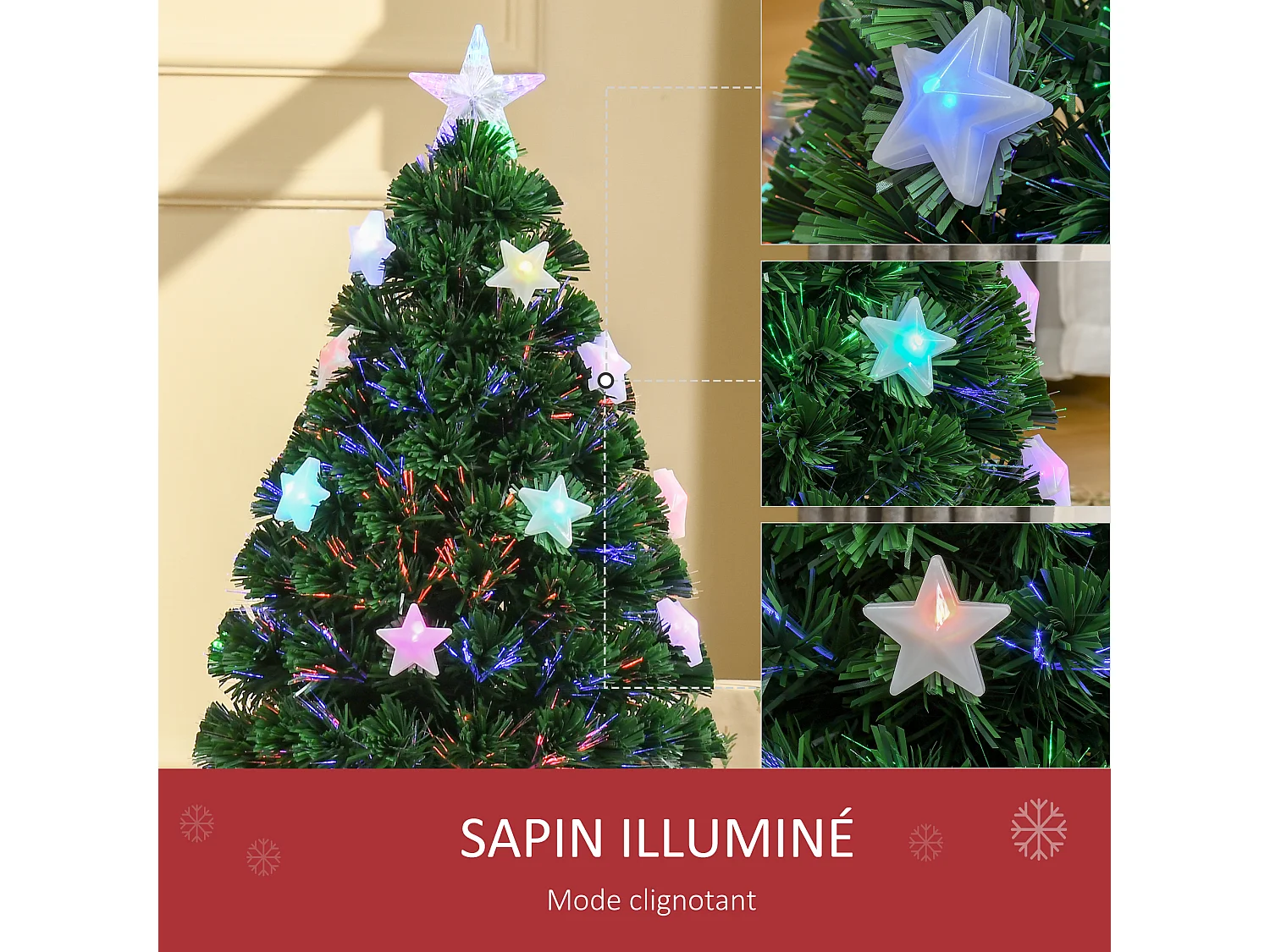Sapin de Noël artificiel lumineux fibre optique LED multicolore + support pied Ø 45 x 90H cm 90 branches étoile sommet brillante vert