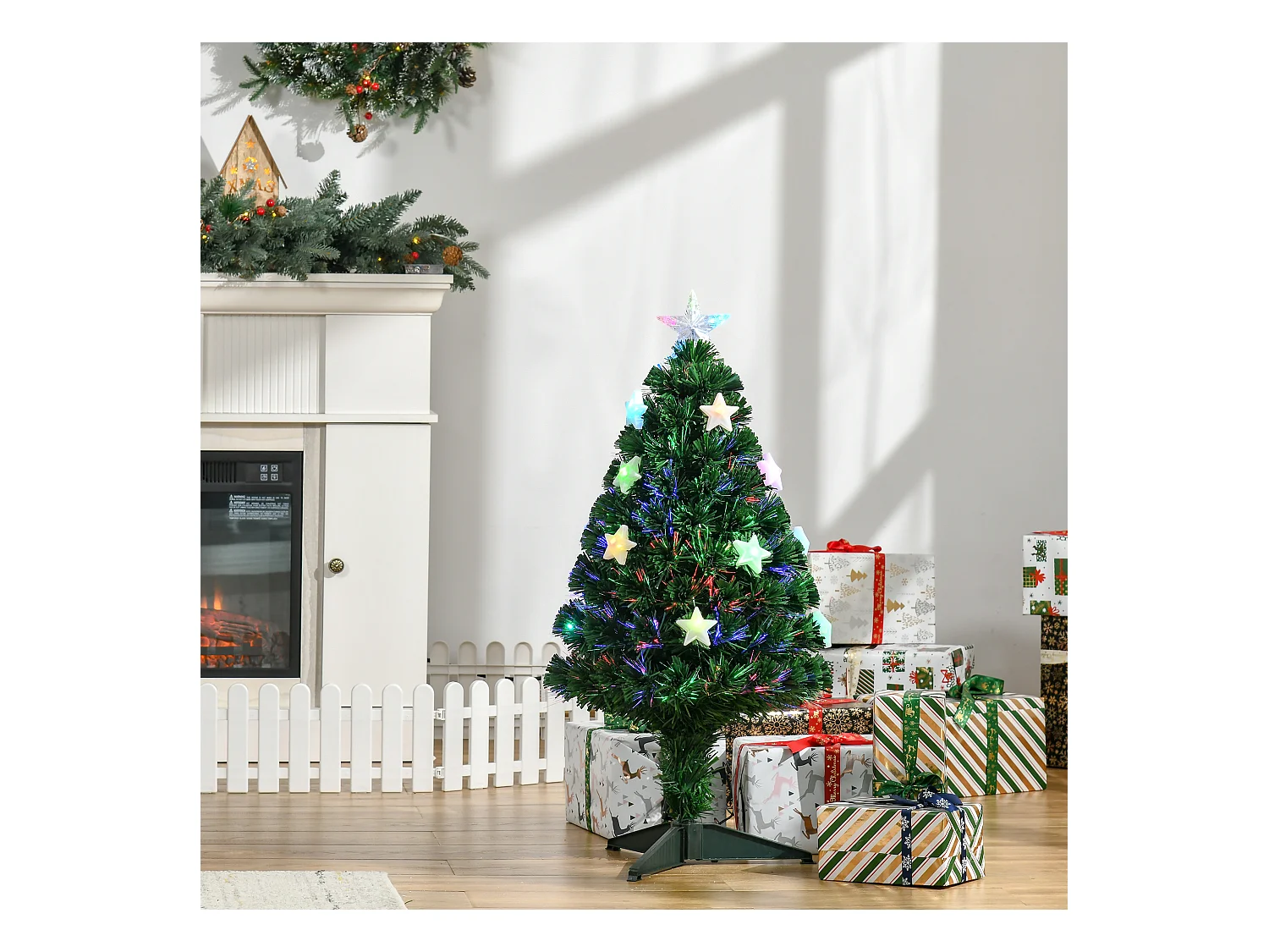 Sapin de Noël artificiel lumineux fibre optique LED multicolore + support pied Ø 45 x 90H cm 90 branches étoile sommet brillante vert