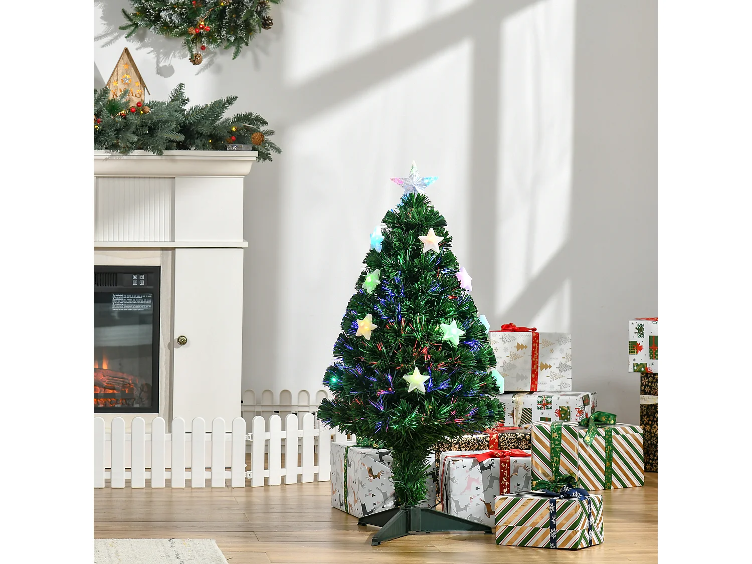 Sapin de Noël artificiel lumineux fibre optique LED multicolore + support pied Ø 45 x 90H cm 90 branches étoile sommet brillante vert