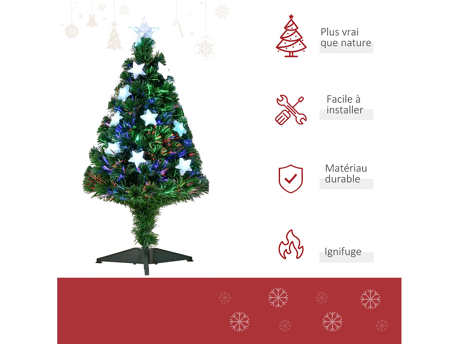 Sapin de Noël artificiel lumineux fibre optique LED multicolore + support pied Ø 45 x 90H cm 90 branches étoile sommet brillante vert
