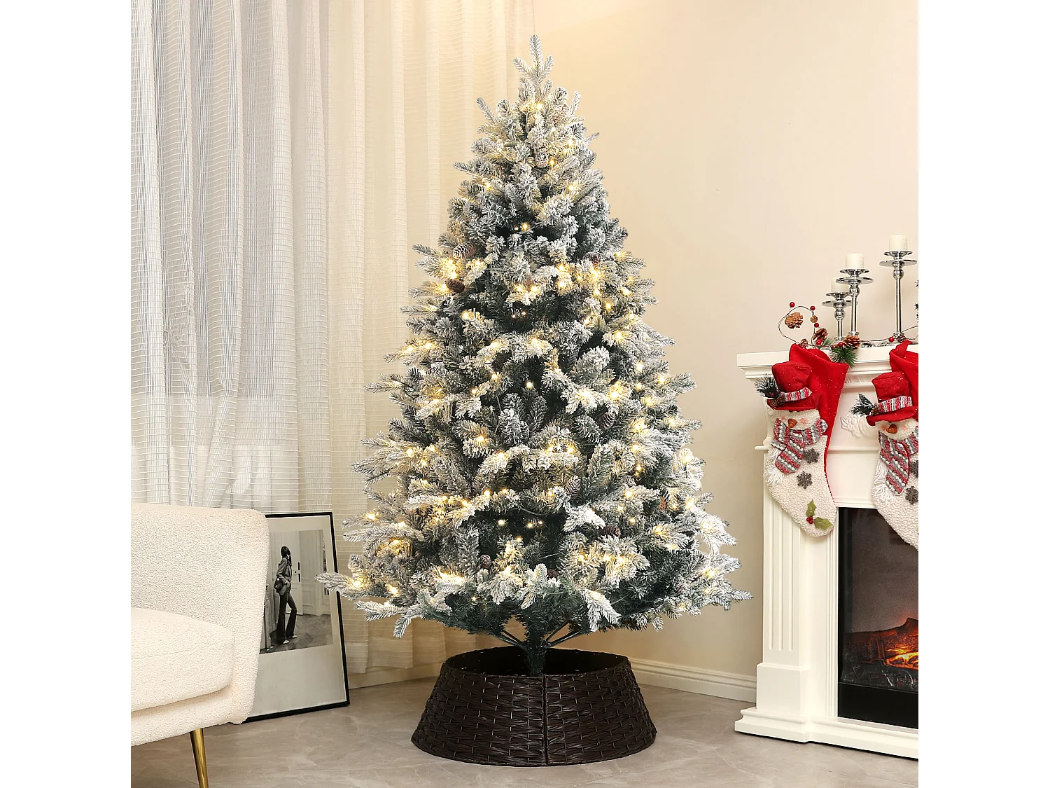 Sapin de Noël artificiel LED enneigé H. 180 cm - 200 LEDs blanc chaud, 793 branches - vert blanc