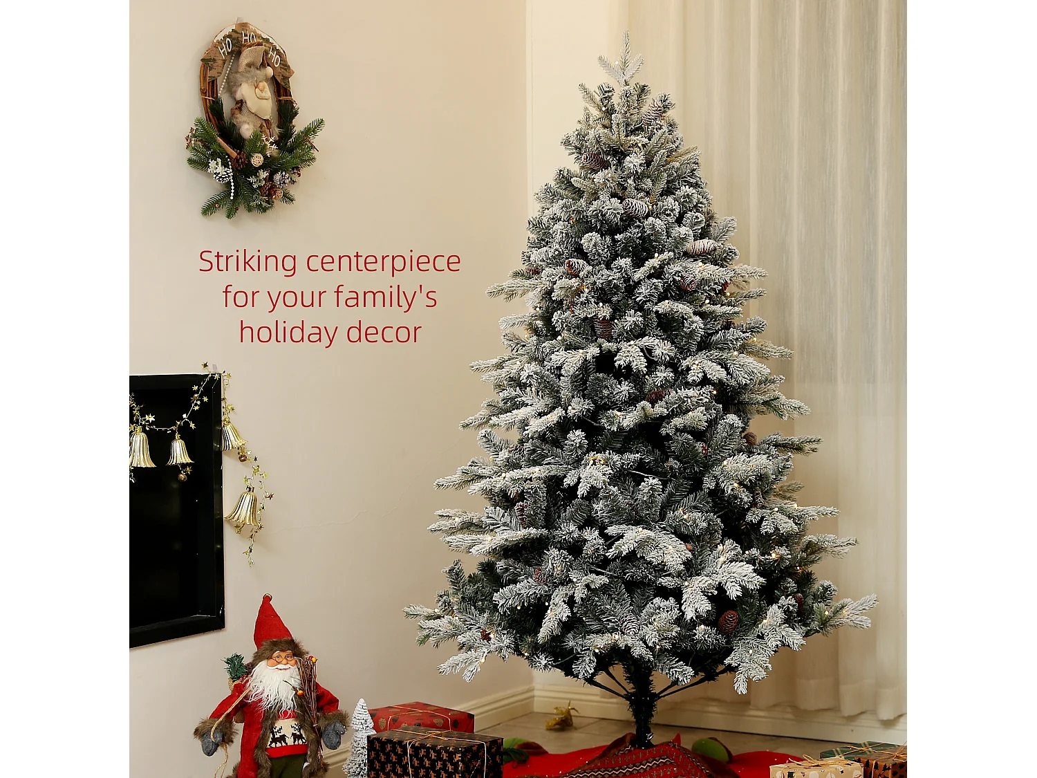 Sapin de Noël artificiel LED enneigé H. 180 cm - 200 LEDs blanc chaud, 793 branches - vert blanc