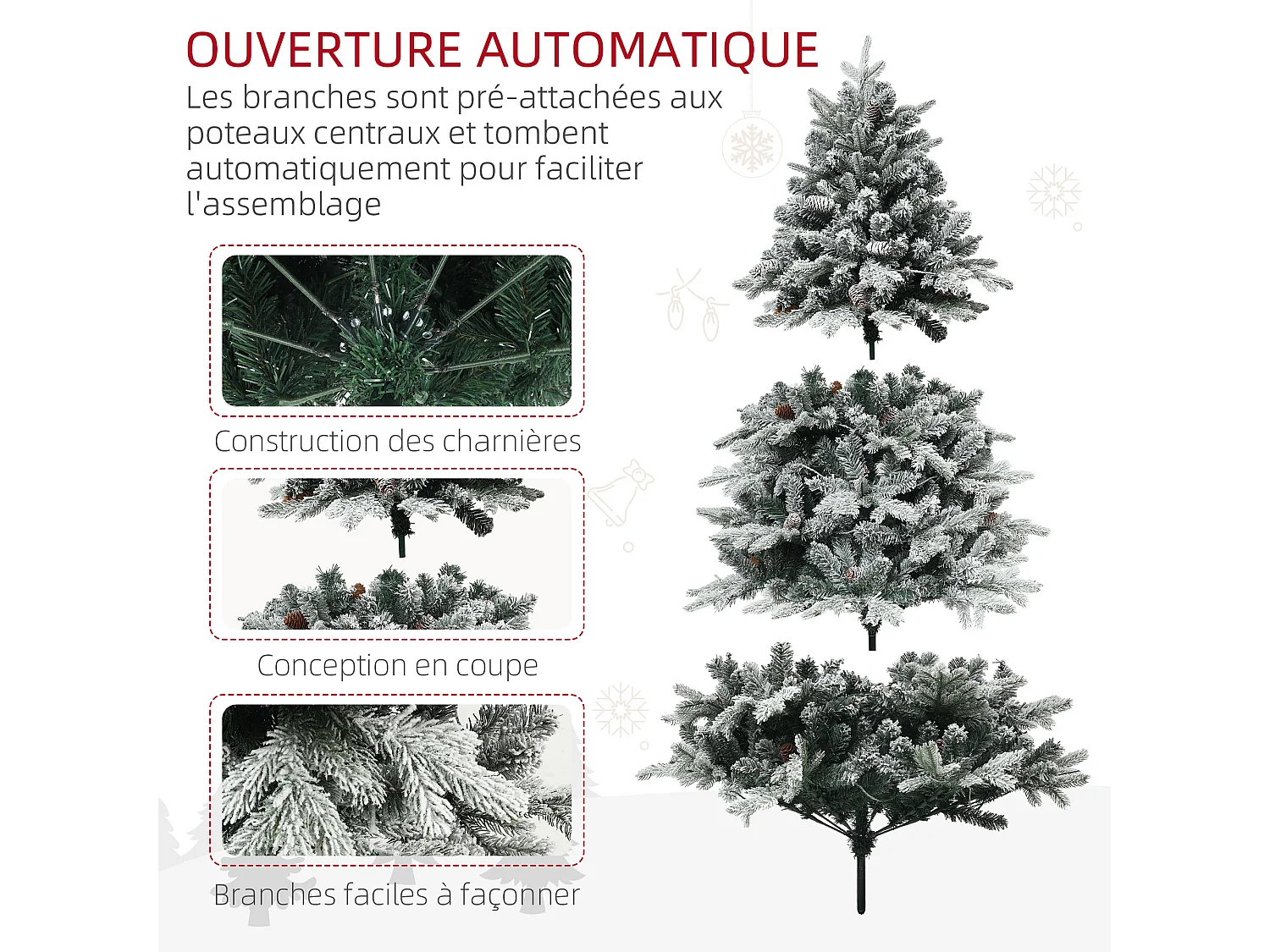 Sapin de Noël artificiel LED enneigé H. 180 cm - 200 LEDs blanc chaud, 793 branches - vert blanc