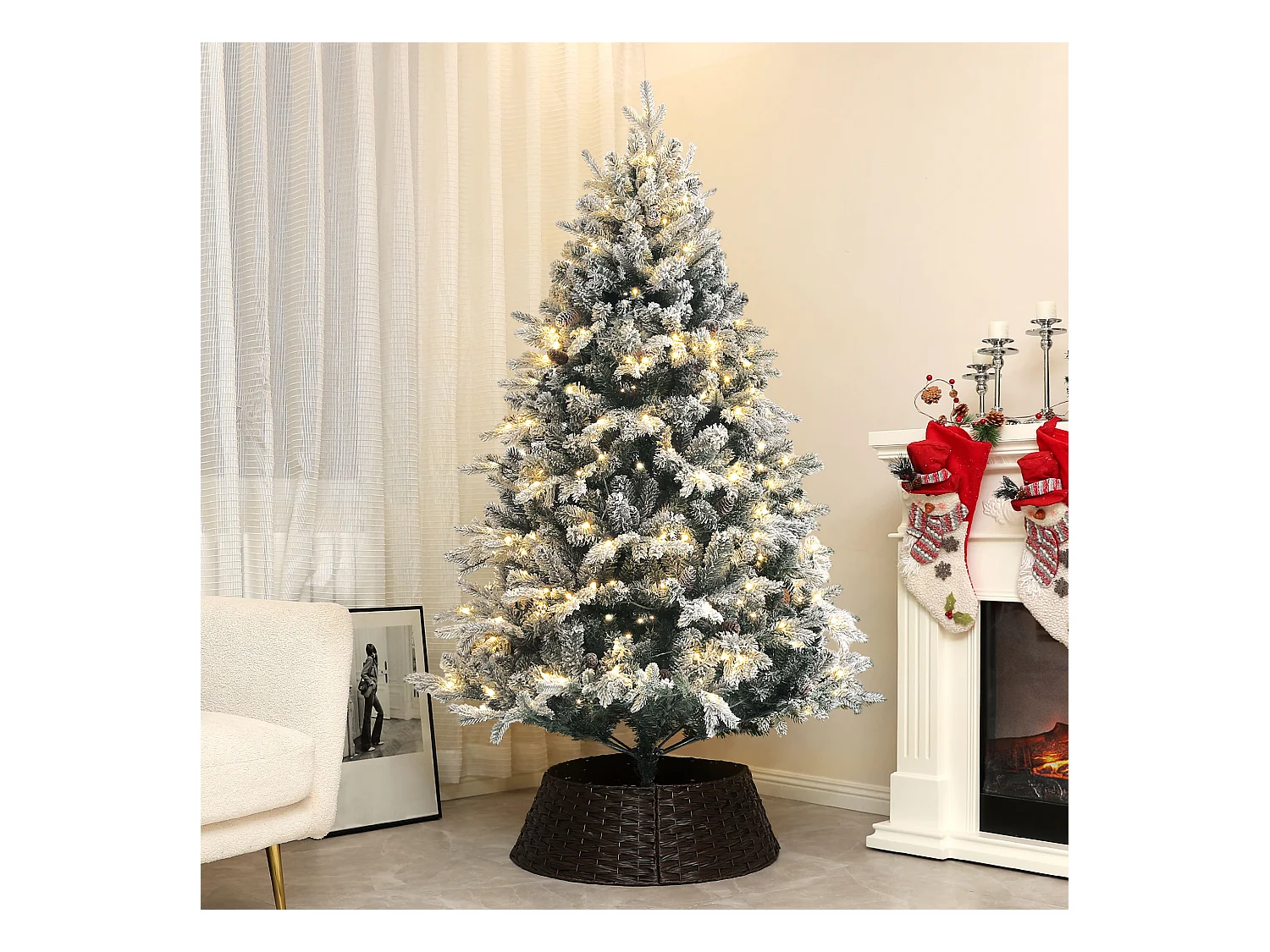 Sapin de Noël artificiel LED enneigé H. 180 cm - 200 LEDs blanc chaud, 793 branches - vert blanc